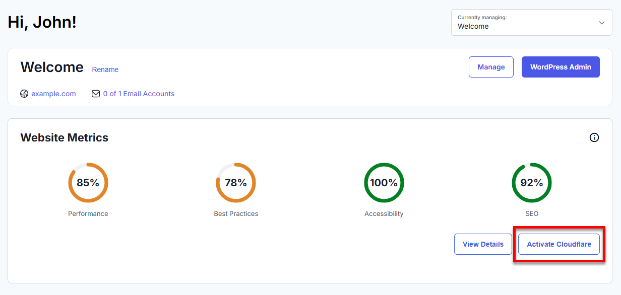 Website Metrics - View Details - Activate Cloudflare