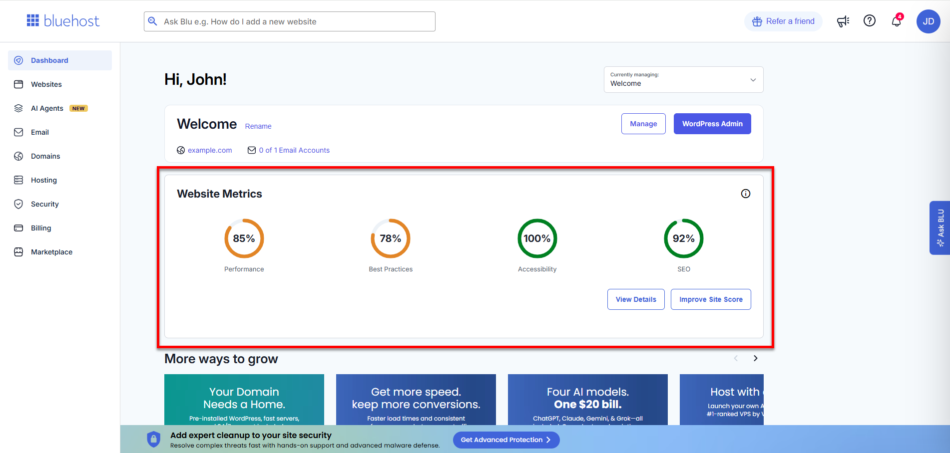 Bluehost Portal - Dashboard - Website Metrics