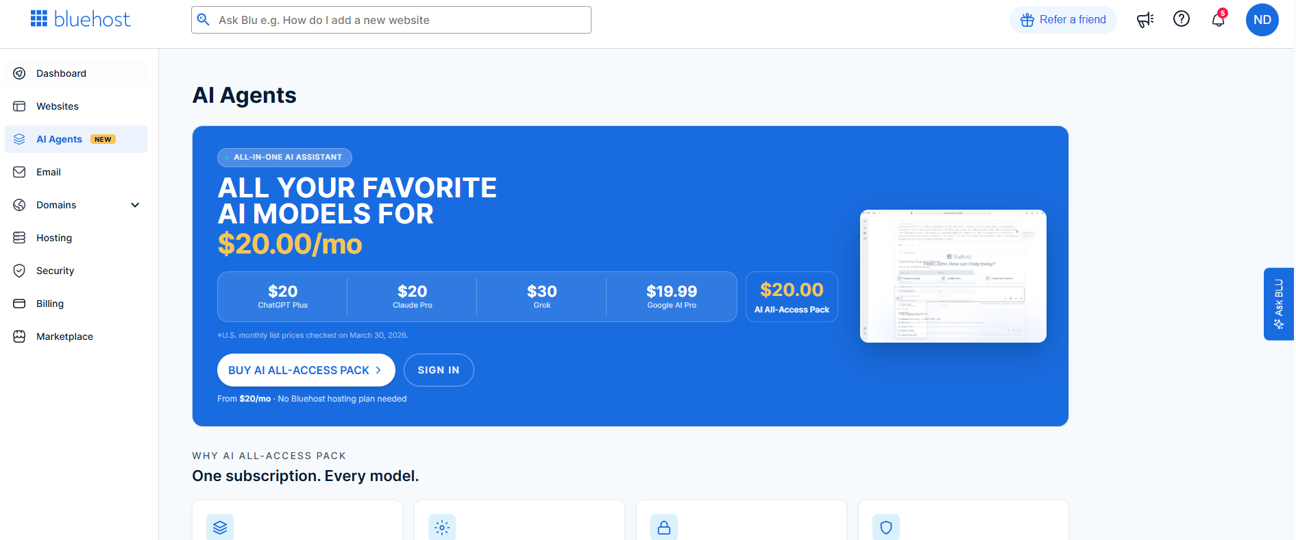 Bluehost Portal - AI Agents tab interface
