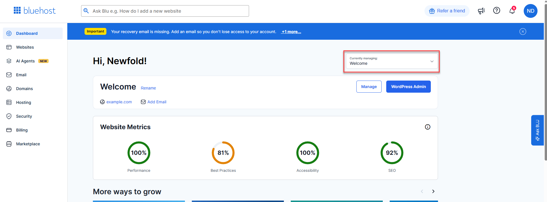 Bluehost Portal - Dashboard tab - Select Website dropdown