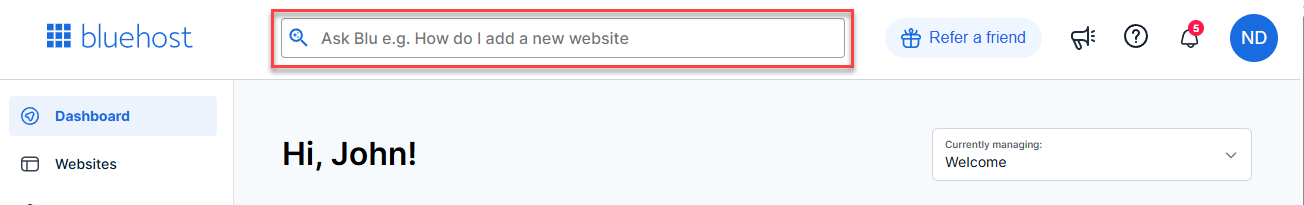 Bluehost Portal - Spotlight Search - Ask Blu