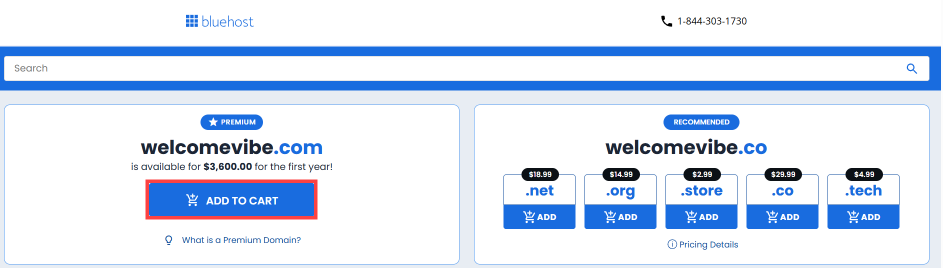 Bluehost Portal - Dashboard - Domain Search - Add to Cart