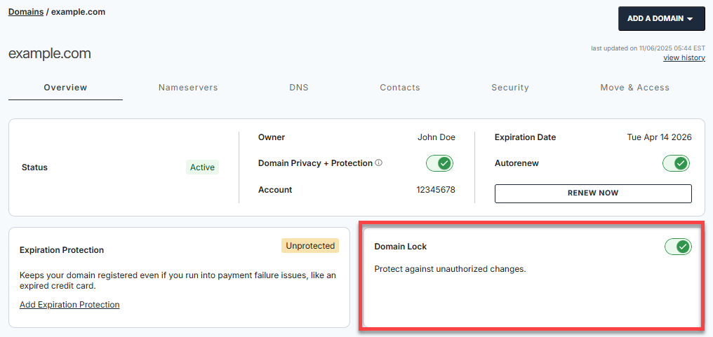 Domains Overview tab - Domain Lock