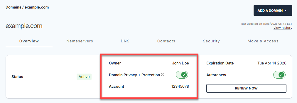 Domains Overview tab - Owner and DPP section