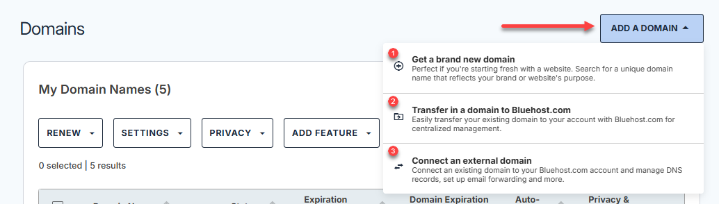 Domains tab - Add a Domain