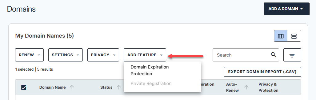Domains tab - Add Feature menu