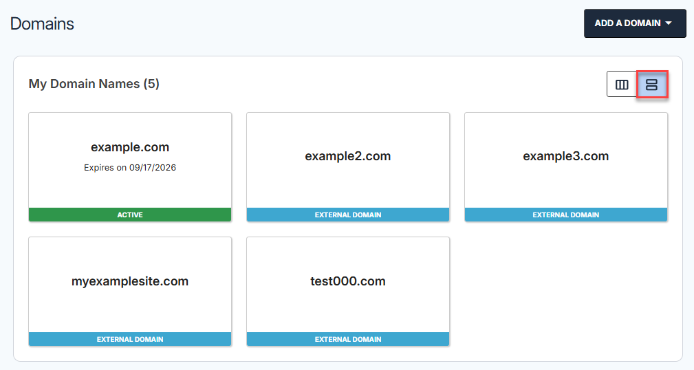 Domains tab - Card View