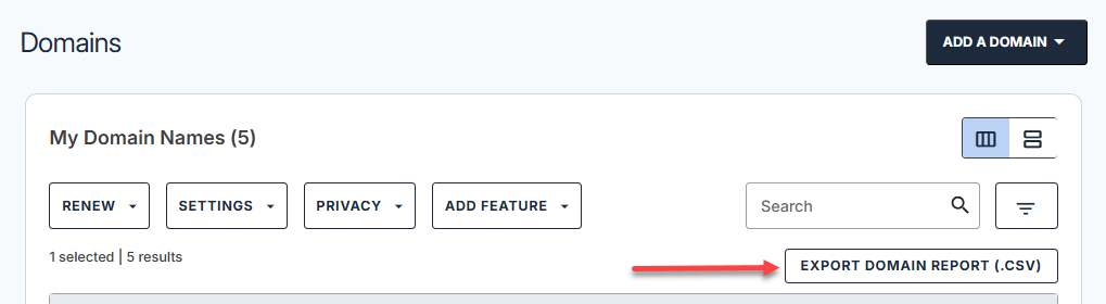 Domains tab - Export Domain Report