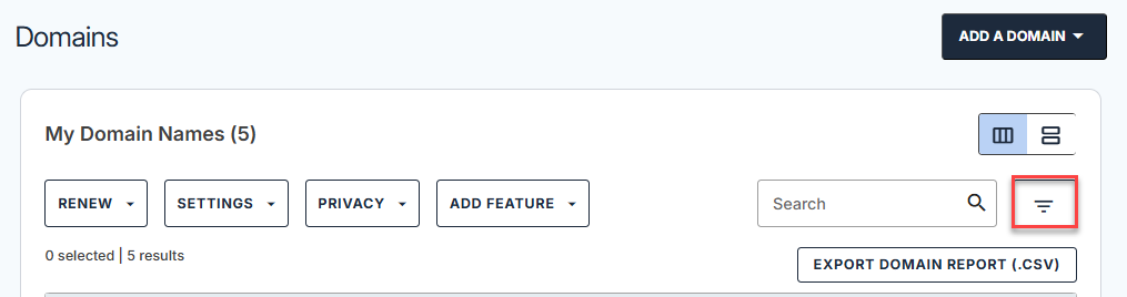Domains tab - Filter domains