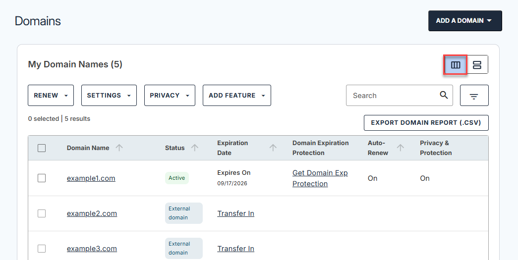 Domains tab - List View