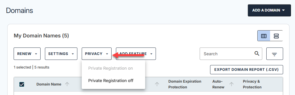 Domains tab - Privacy
