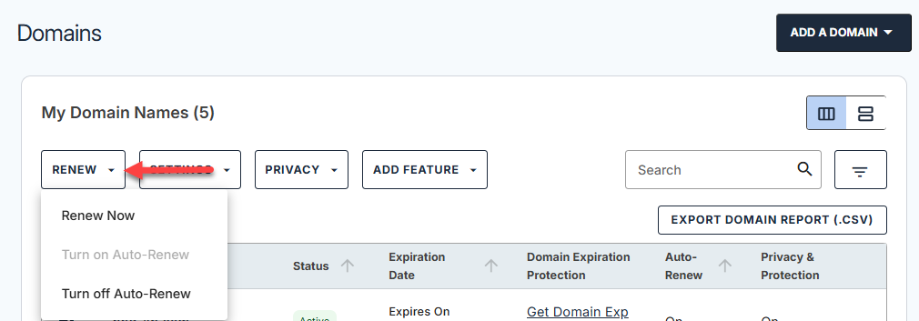 Domains tab - Renew menu