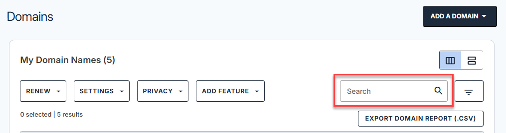 Domains tab - Search box