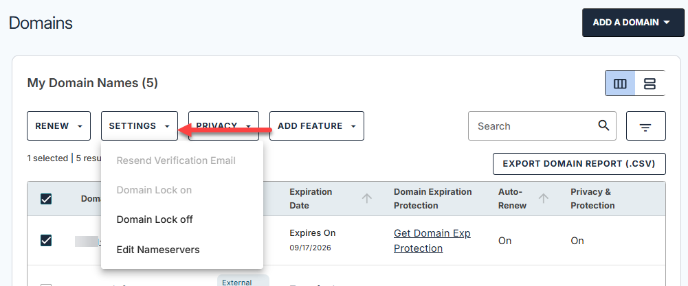 Domains tab - Settings