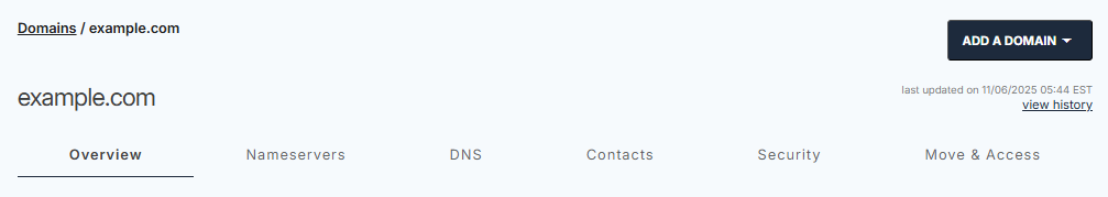 Account Manager - Domains tab interface