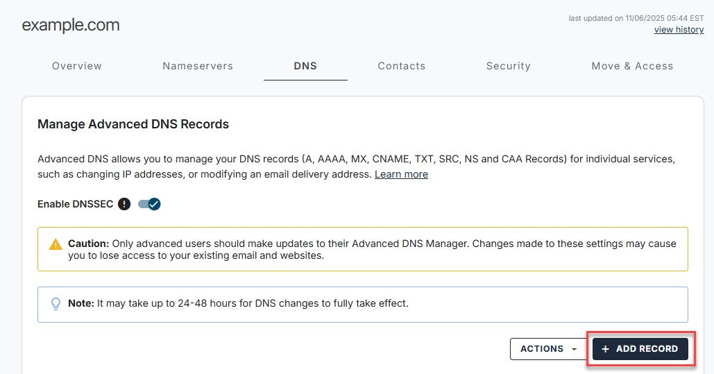 Domains tab - DNS tab - + Add Record button
