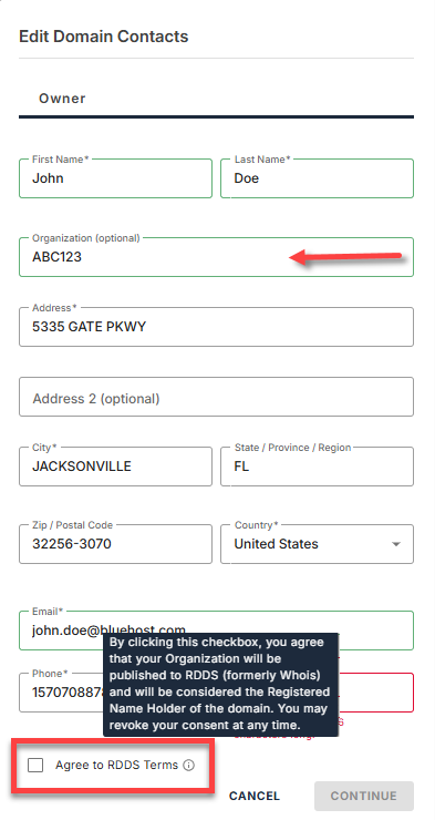 Domain Contacts - Edit pop-up window - With Organization