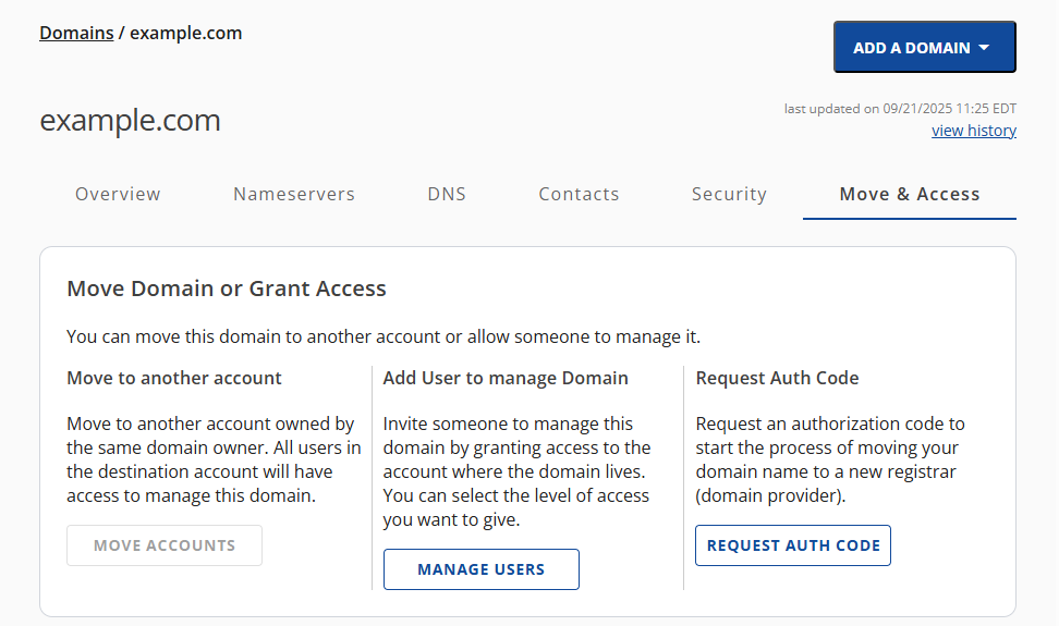 Bluehost Account Manager - Domains Tab - Move and Access