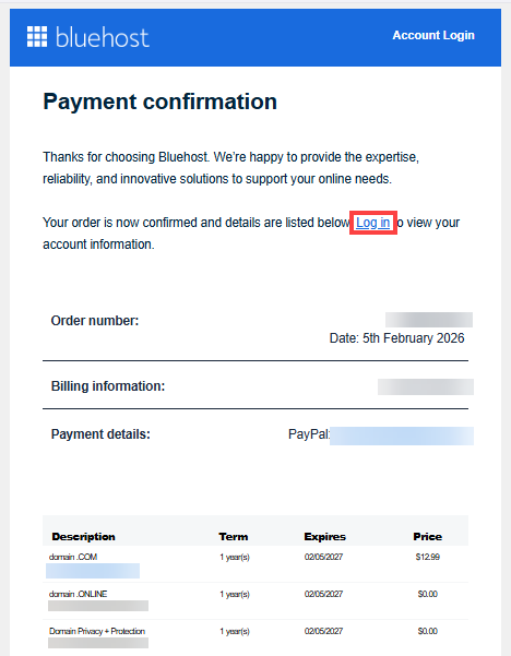 Bluehost Order Confirmation
