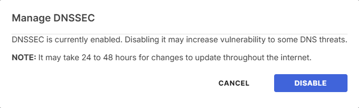Domains tab - DNS tab - disable DNSSEC pop-up