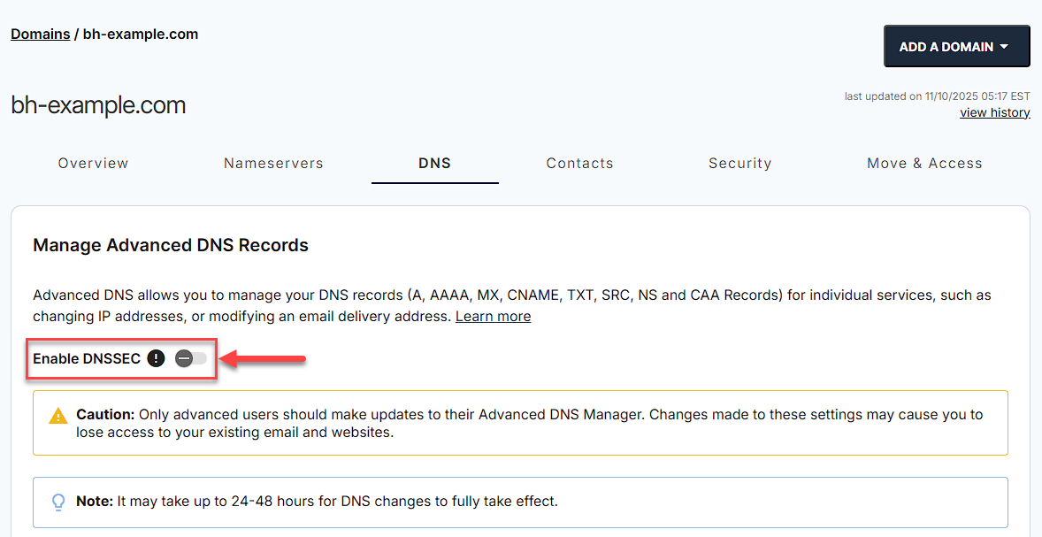 Domains tab - DNS tab - enable DNSSEC
