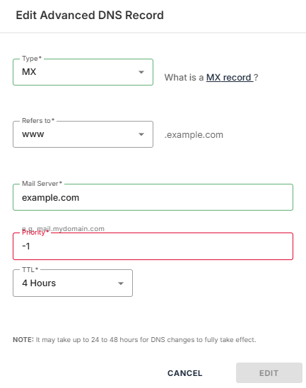Edit existing MX record