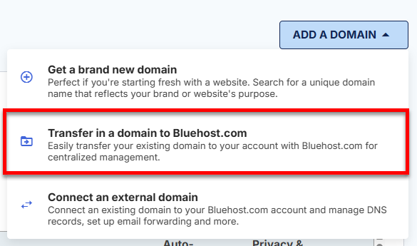 Add a Domain - Transfer a domain to Bluehost.com