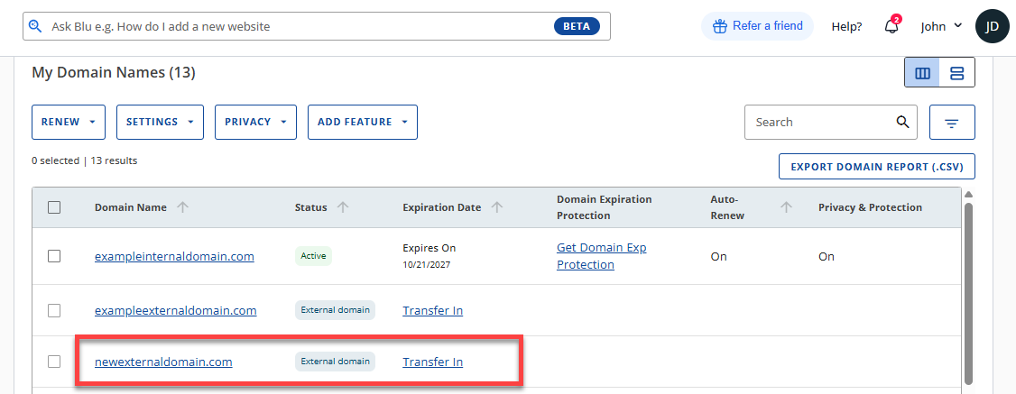 Connect an External Domain - Domain is successfully added