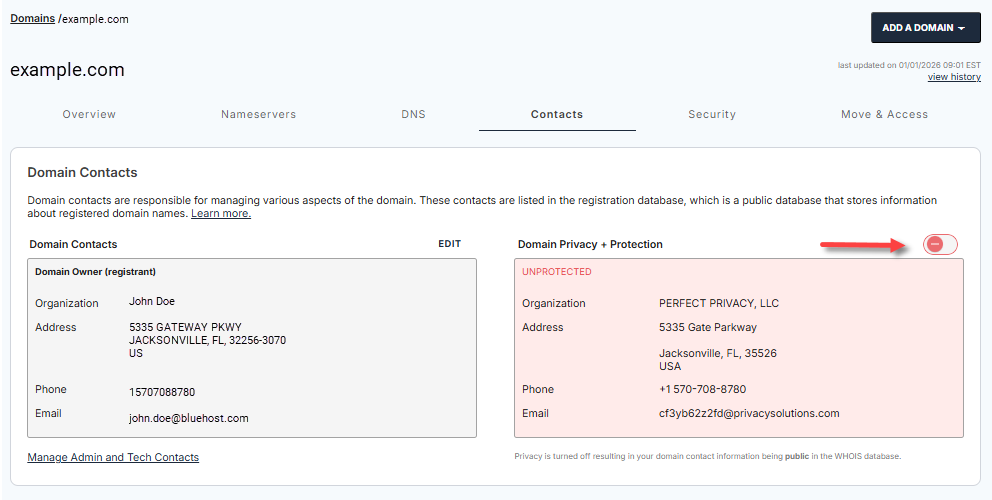 Contacts tab - Toggle for Domain Privacy + Protection