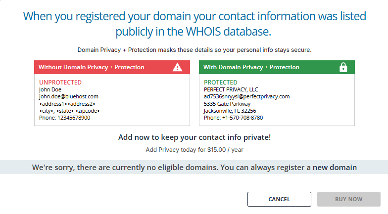 Domain Privacy Protection - No eligible domain