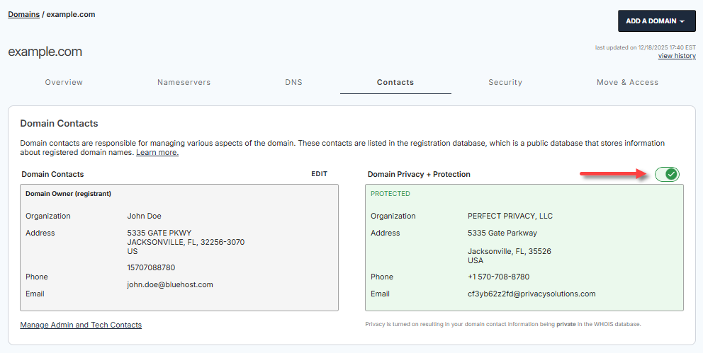 Domain Privacy + Protection toggle