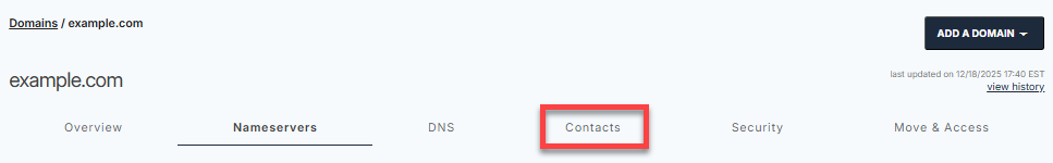 Account Manager - Domains tab - Contacts tab