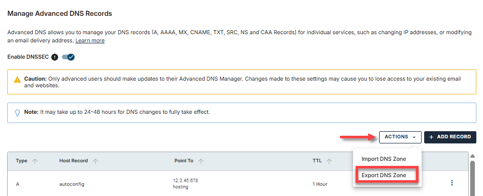 DNS tab - Actions menu - Export DNS Zone