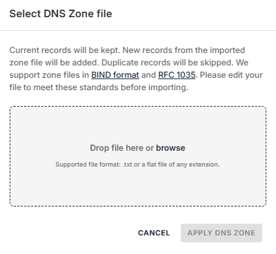 Import DNS Zone popup