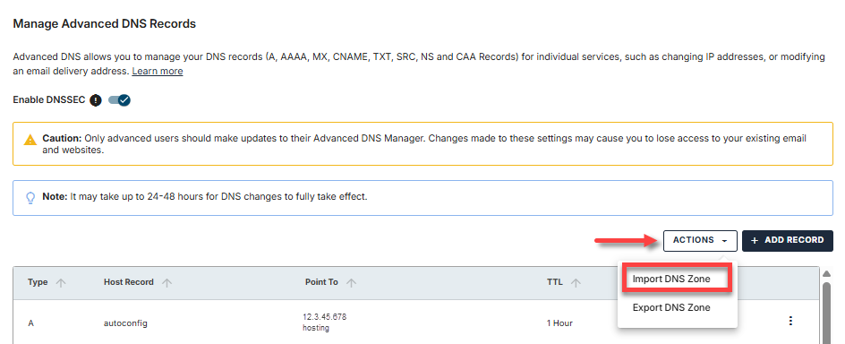 DNS tab - Actions menu - Import DNS Zone