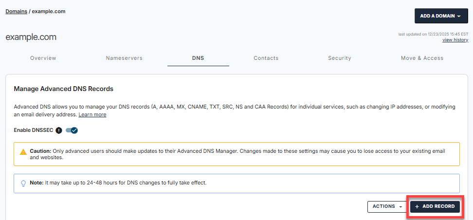 Domains tab - DNS tab - + Add Record button