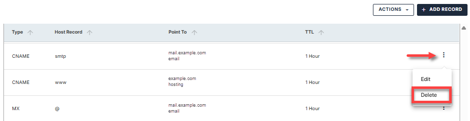 DNS tab - Delete DNS