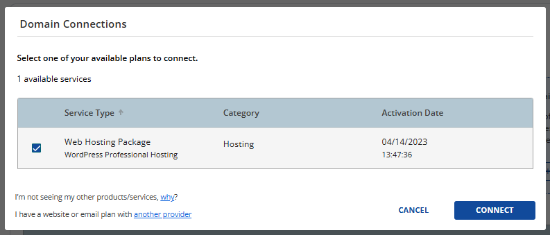 Connect an External Domain - Select hosting plan