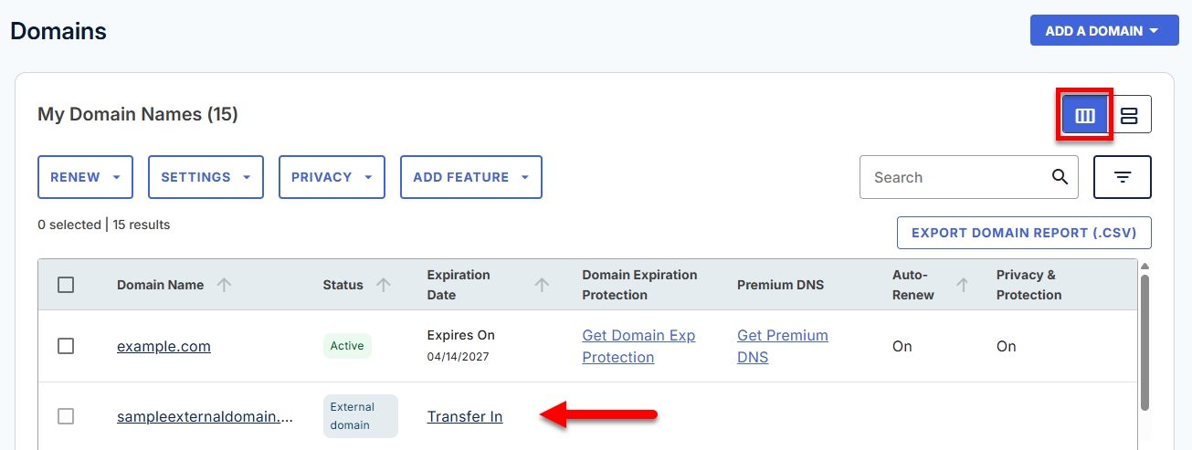 Domain Transfer - List View - Transfer in link