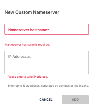 New Custom Nameserver pop-up