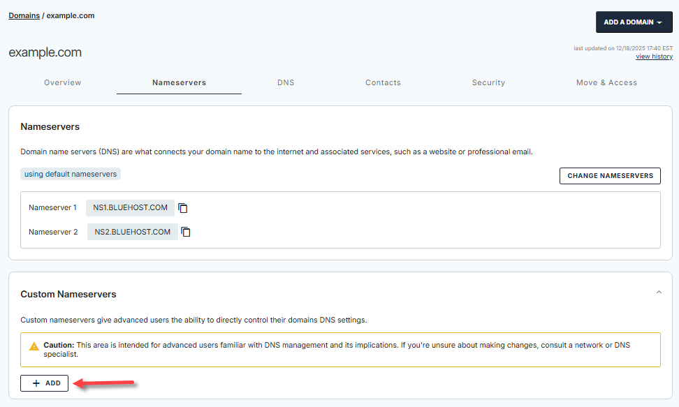 Custom Nameservers - Add button