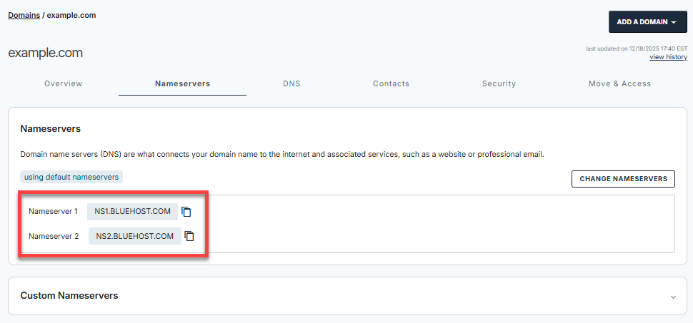 Bluehost Portal - Domains tab - Nameservers
