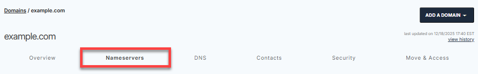 Account Manager - Domains tab - Nameservers tab