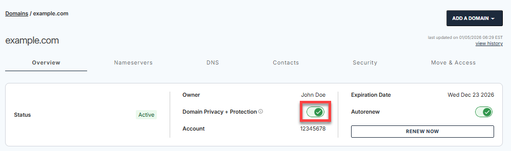 Overview tab - Domain Privacy + Protection toggle