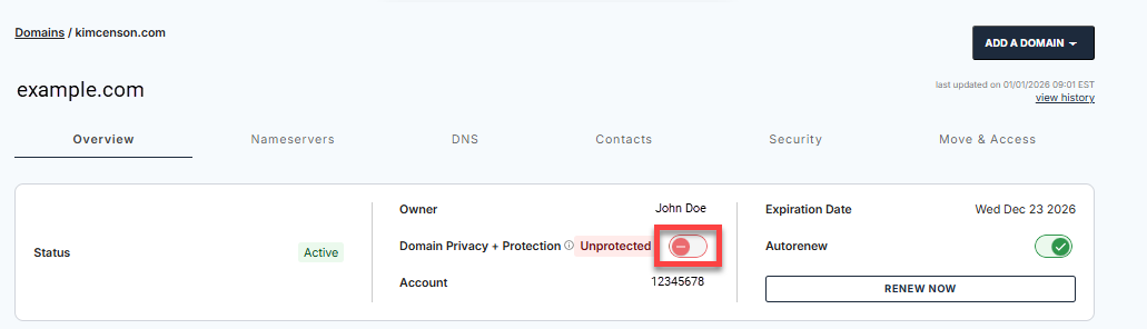 Overview tab - Toggle for Domain Privacy + Protection