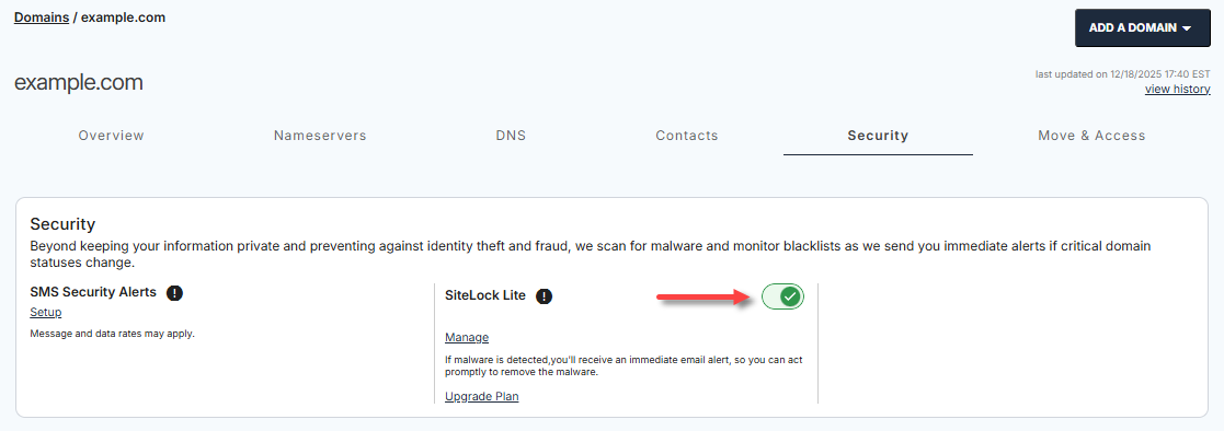 Domains tab - Security tab - SiteLock toggle