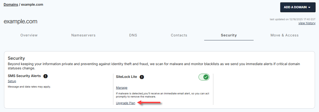 Do mains tab - Security tab - SiteLock - Upgrade Plan