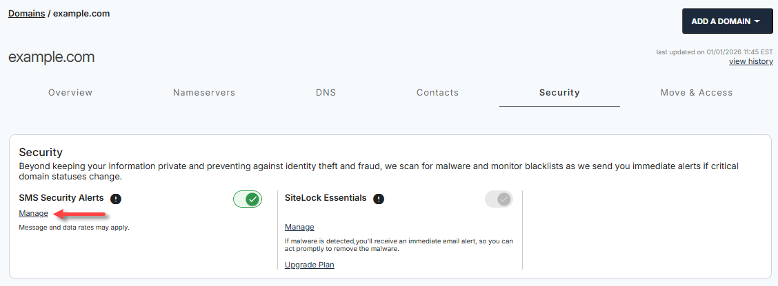 SMS Security Alerts - Manage link