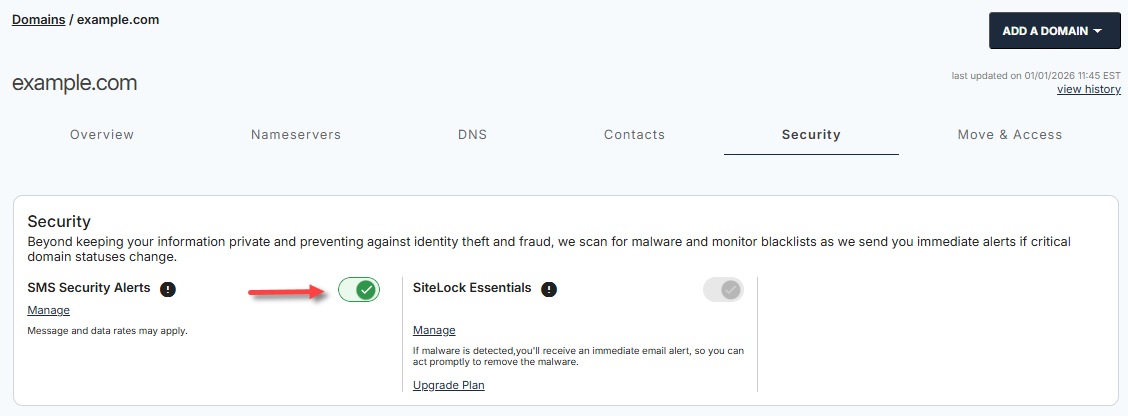 Security Tab - SMS Security Alerts Toggle