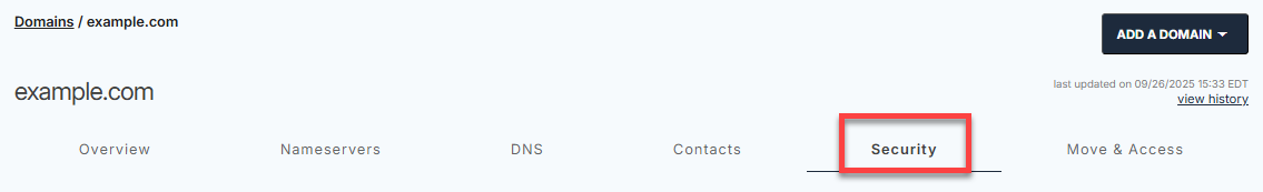 Account Manager - Domains tab - Security tab